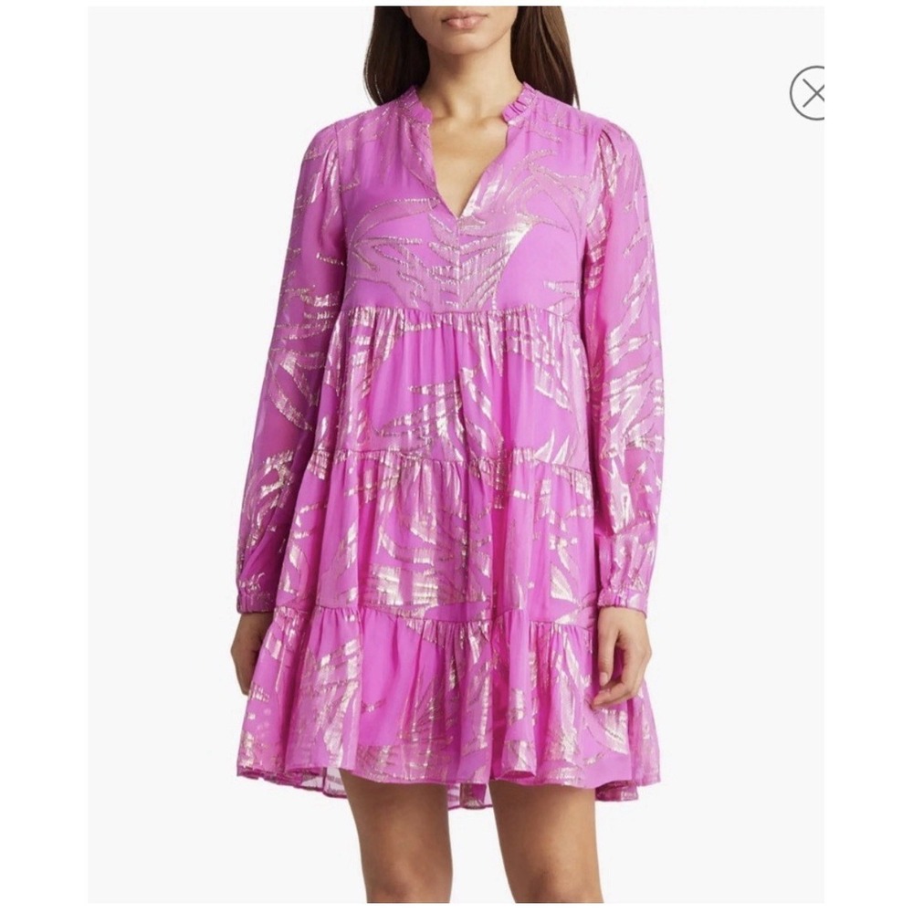 Lilly Pulitzer Sarita Silk Dress Fuchsia Palm Leaf Metallic Size 16 Resort